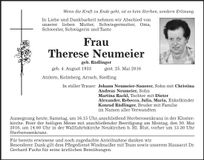 Traueranzeige Therese Neumeier