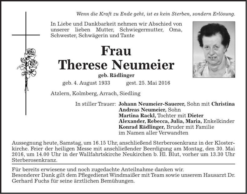 Traueranzeige Therese Neumeier