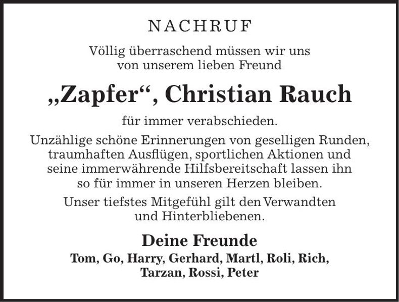 Traueranzeige Christian Zapfer - Rauch