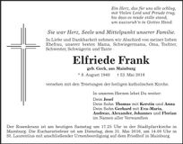 Traueranzeige Elfriede Frank