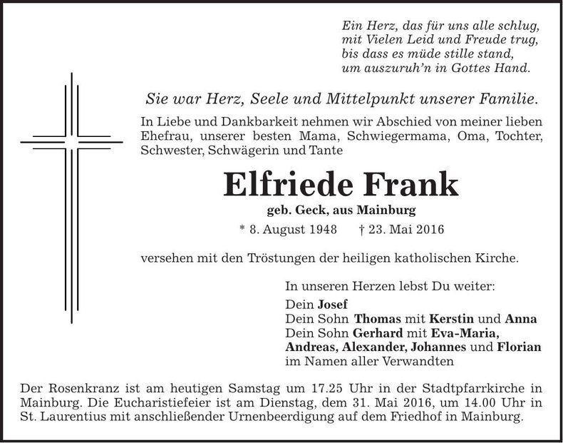 Traueranzeige Elfriede Frank