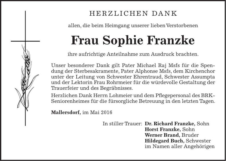 Traueranzeige Sophie Franzke