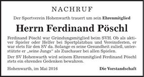 Traueranzeige Ferdinand Pöschl