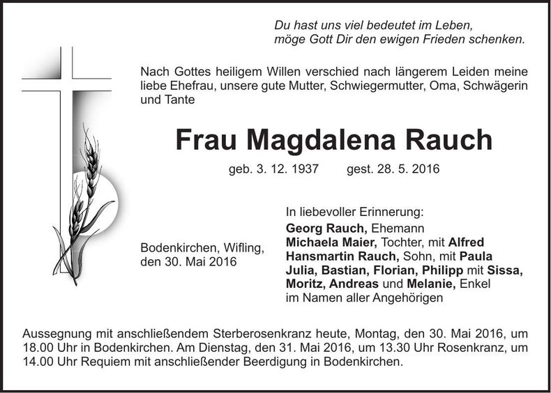 Traueranzeige Magdalena Rauch