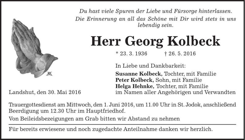 Traueranzeige Georg Kolbeck