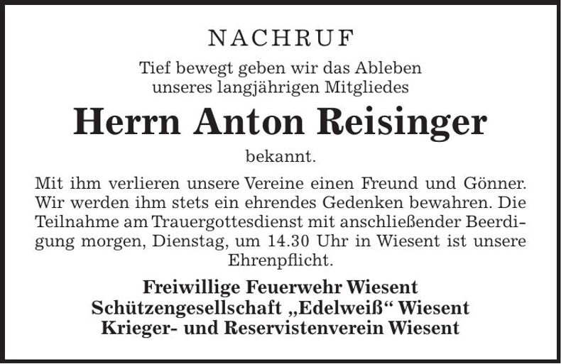 Traueranzeige Anton Reisinger