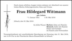 Traueranzeige Hildegard Wittmann