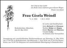 Traueranzeige Gisela Weindl