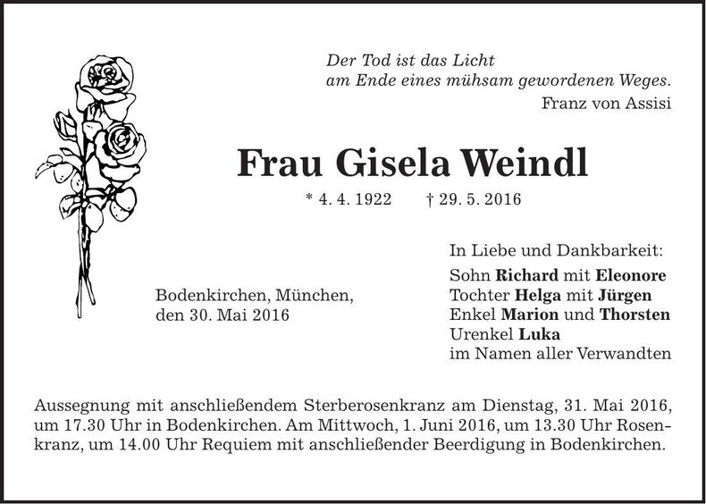 Traueranzeige Gisela Weindl