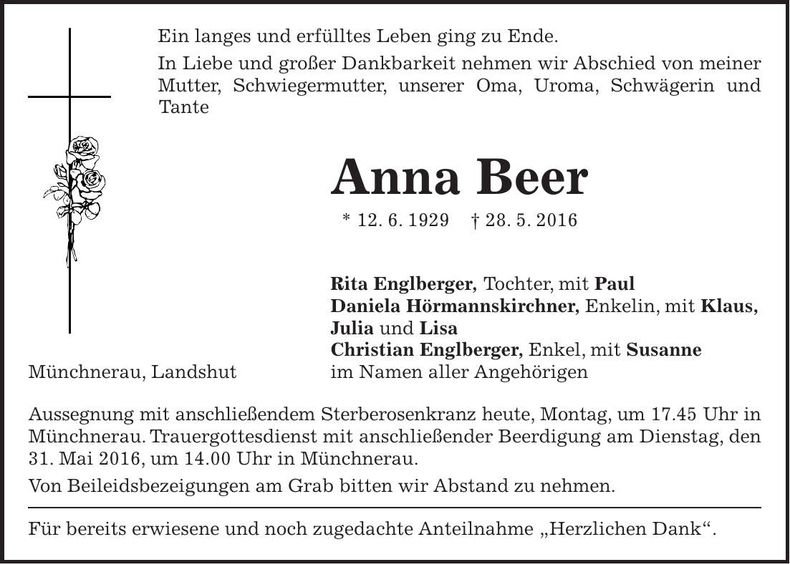 Traueranzeige Anna Beer