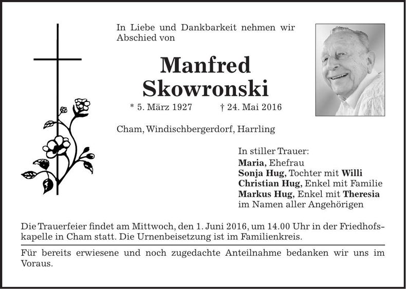 Traueranzeige Manfred Skowronski