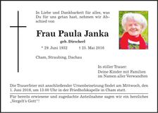 Traueranzeige Paula Janka