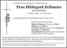 Traueranzeige Hildegard Zellmeier