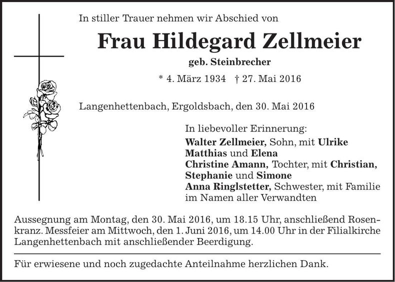 Traueranzeige Hildegard Zellmeier