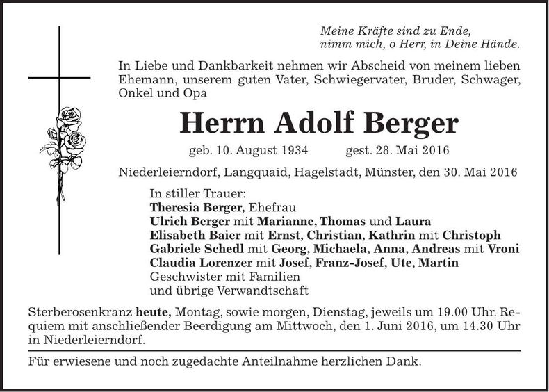 Traueranzeige Adolf Berger