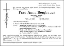 Traueranzeige Anna Bergbauer