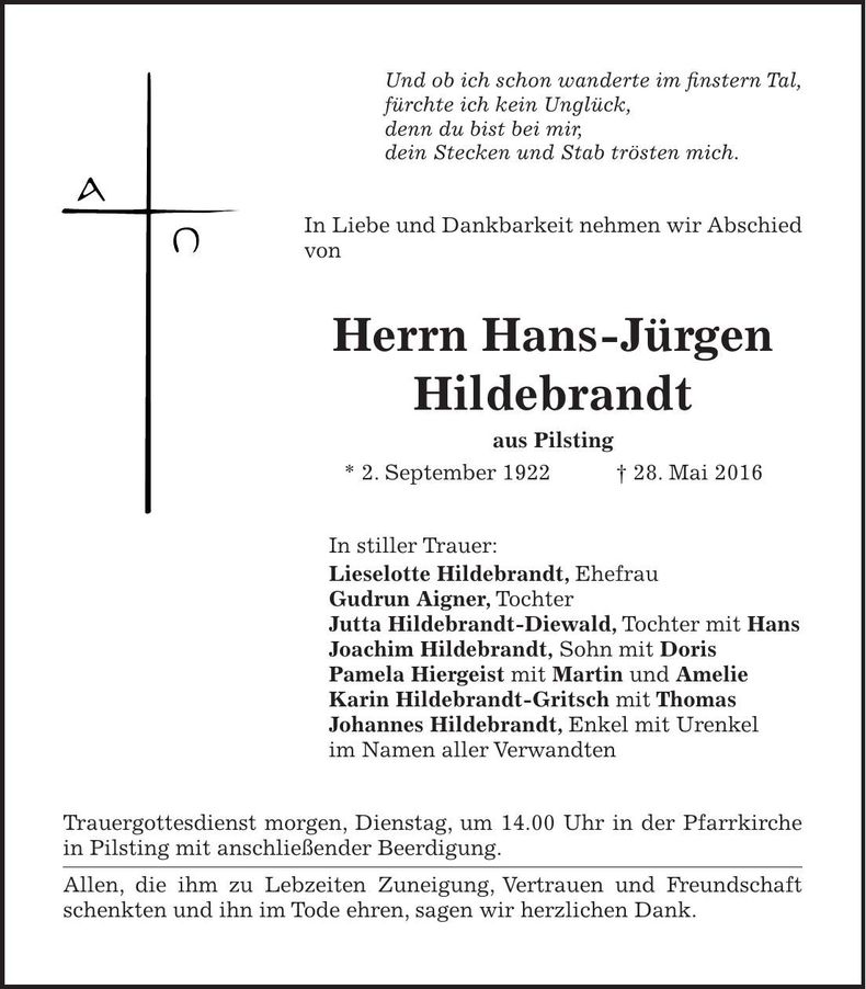 Traueranzeige Hans-Jürgen Hildebrandt