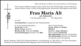 Traueranzeige Maria Alt