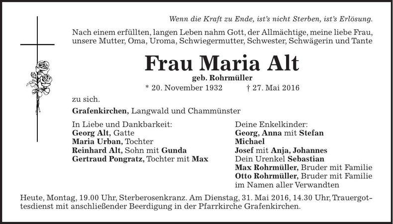 Traueranzeige Maria Alt