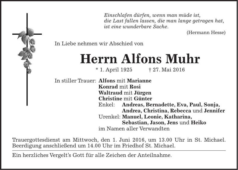 Traueranzeige Alfons Muhr