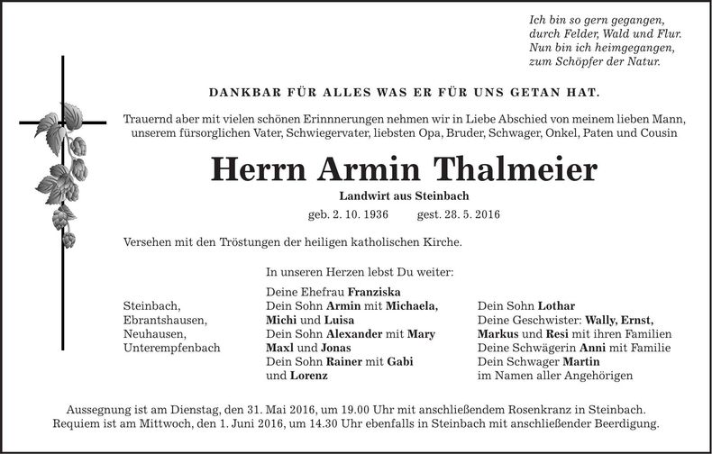 Traueranzeige Armin Thalmeier