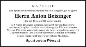Traueranzeige Anton Reisinger