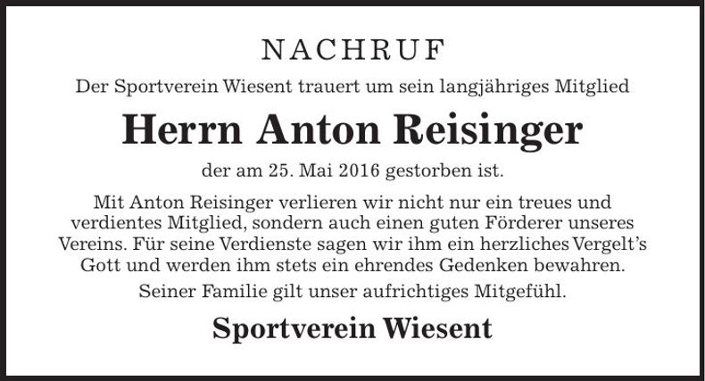 Traueranzeige Anton Reisinger