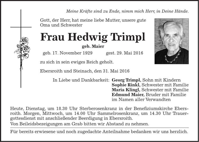 Traueranzeige Hedwig Trimpl