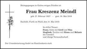 Traueranzeige Kreszenz Meindl