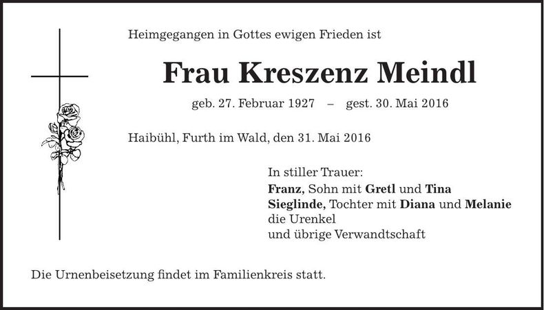 Traueranzeige Kreszenz Meindl