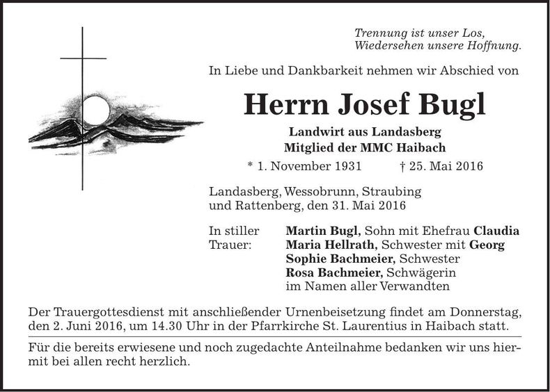 Traueranzeige Jospeh Bugl