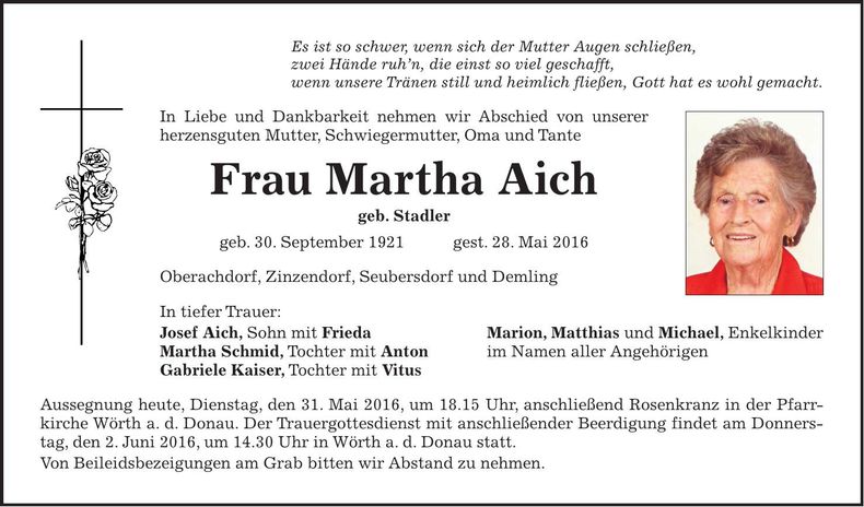 Traueranzeige Martha Aich
