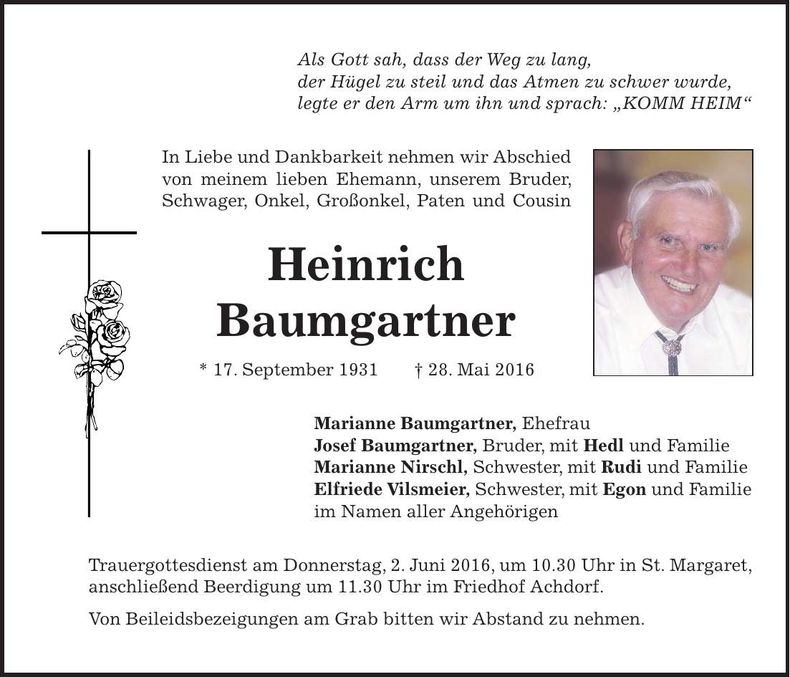 Traueranzeige Heinrich Baumgartner