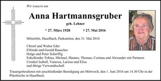 Traueranzeige Anna Hartmannsgruber