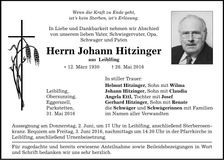 Traueranzeige Johann Hitzinger