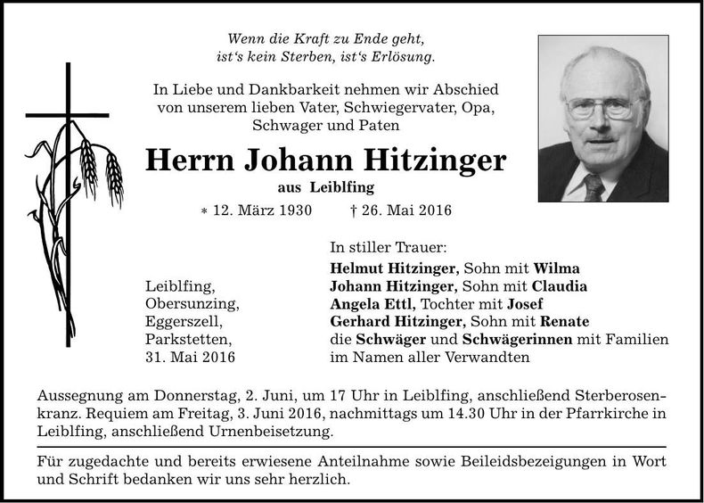 Traueranzeige Johann Hitzinger