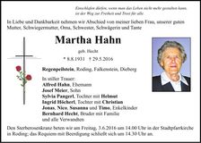 Traueranzeige Martha Hahn
