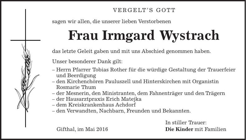Traueranzeige Irmgard Wystrach