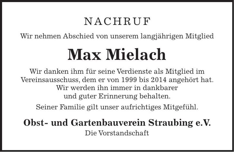 Traueranzeige Max Mielach