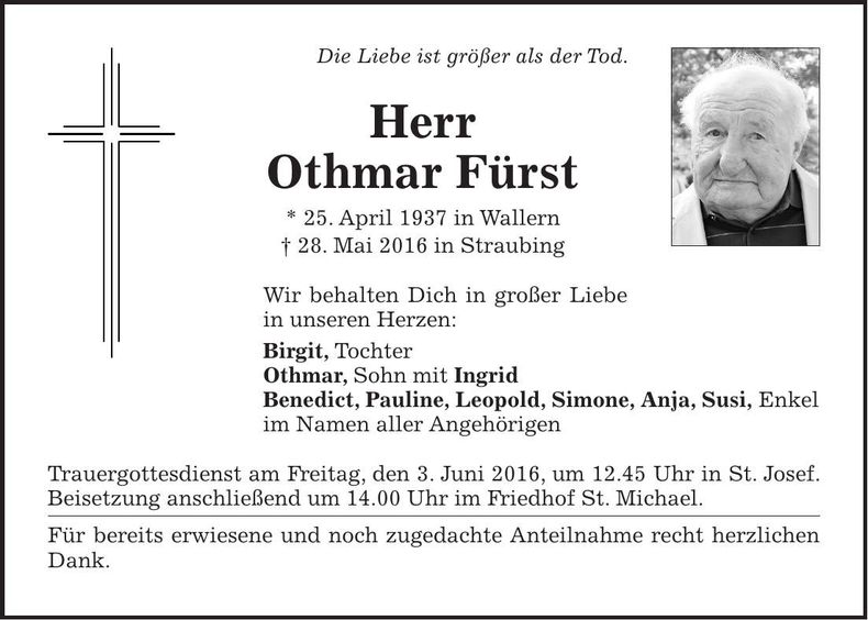 Traueranzeige Othmar Fürst