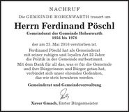 Traueranzeige Ferdinand Pöschl
