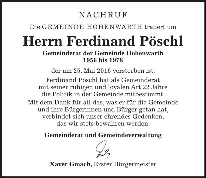 Traueranzeige Ferdinand Pöschl