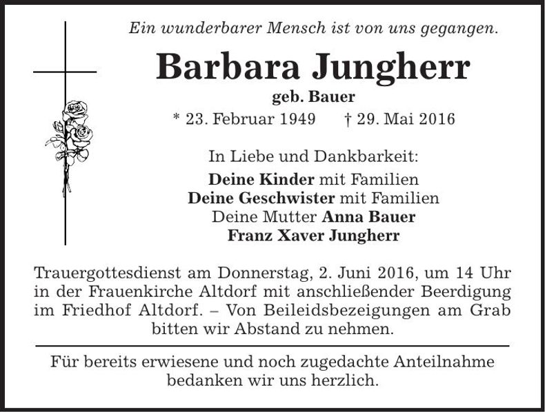 Traueranzeige Barbara Jungherr
