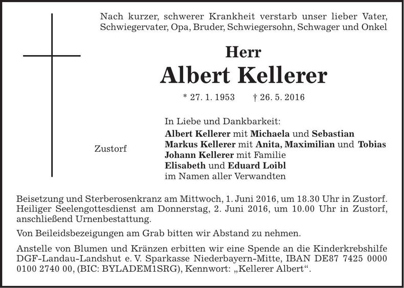 Traueranzeige Albert Kellerer