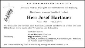 Traueranzeige Josef Hartauer