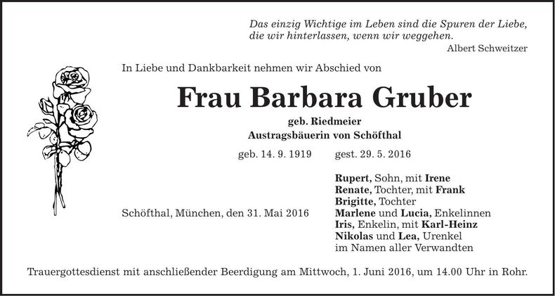 Traueranzeige Barbara Gruber