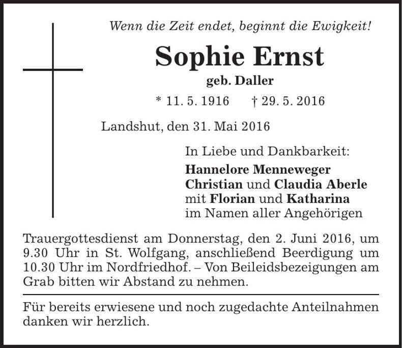 Traueranzeige Sophie Ernst