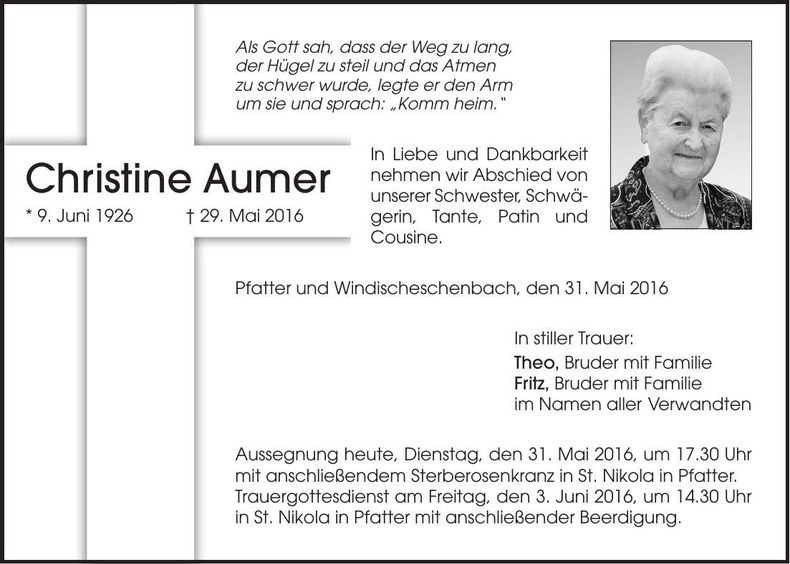 Traueranzeige Christine Aumer
