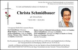 Traueranzeige Christa Schmidbauer