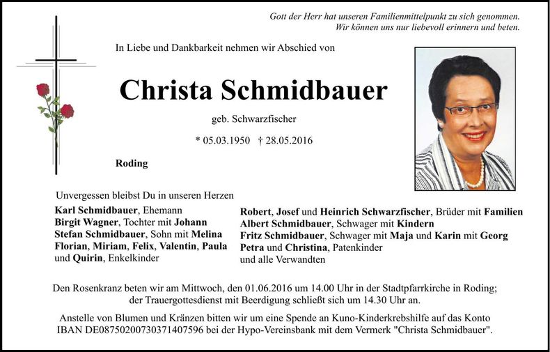 Traueranzeige Christa Schmidbauer